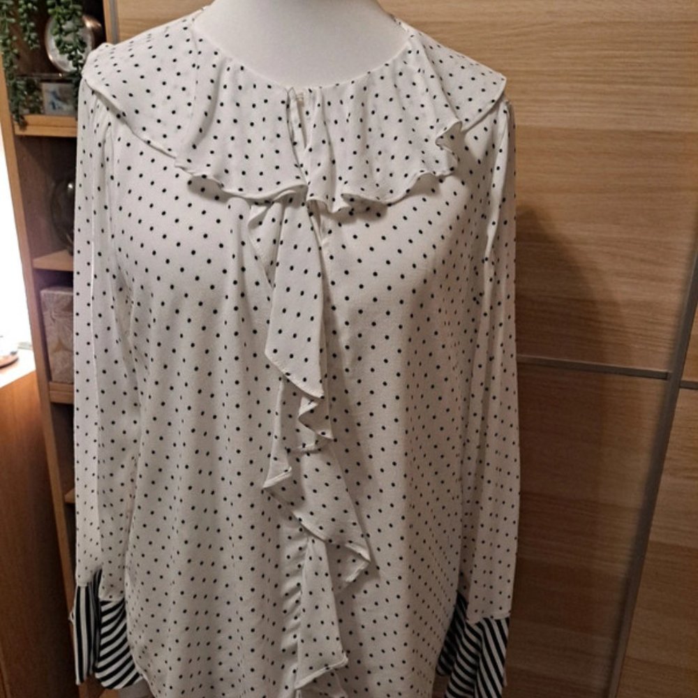 New M&S White Polka/Stripe Blouse Size